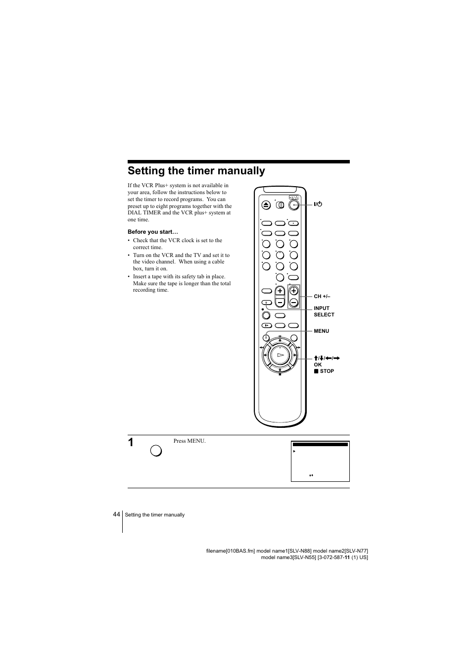 Setting the timer manually, Before you starts | Sony SLV-N77 User Manual | Page 44 / 72