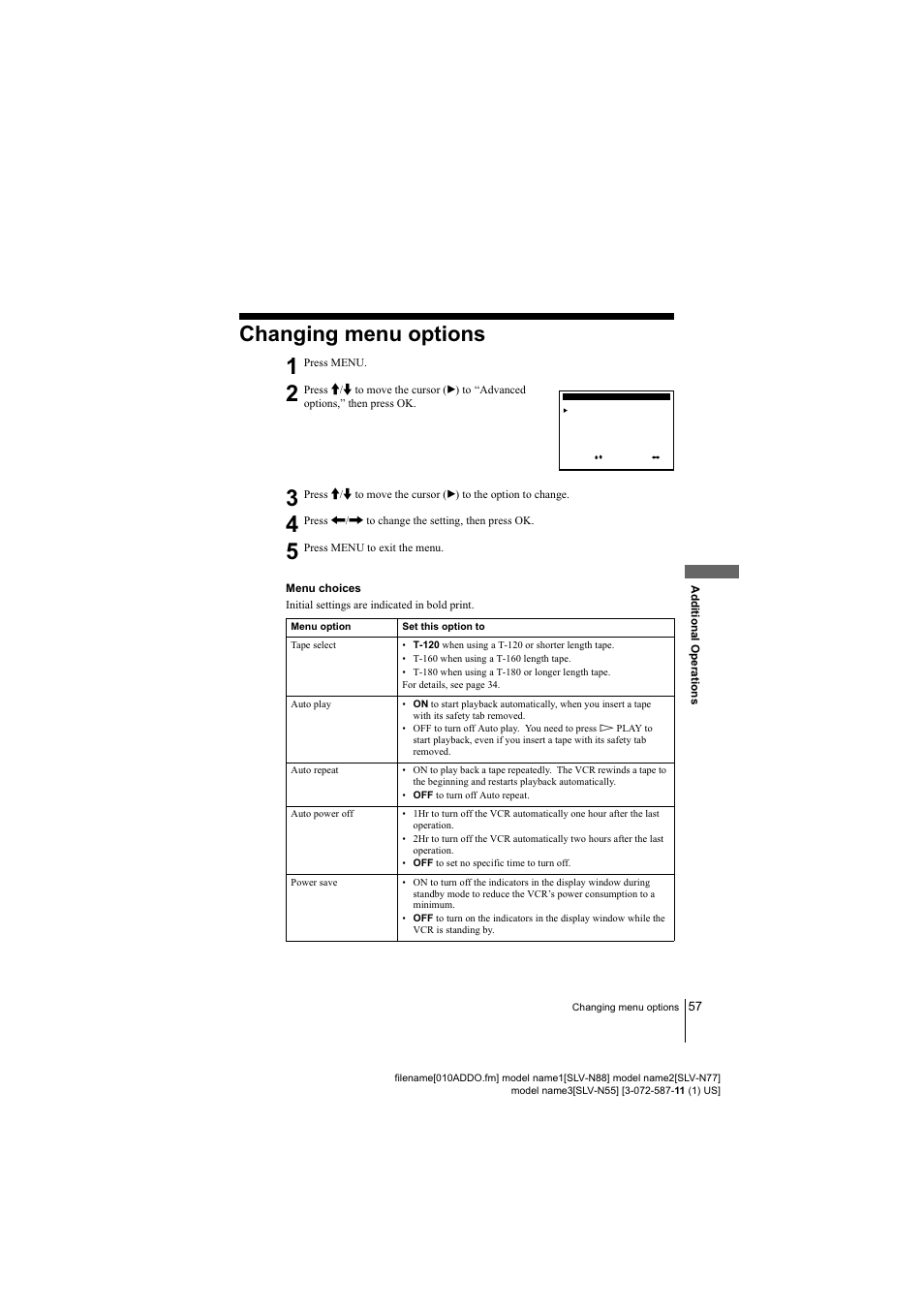 Changing menu options 1, Menu choices, Changing menu options | Initial settings are indicated in hold print | Sony SLV-N77 User Manual | Page 57 / 72