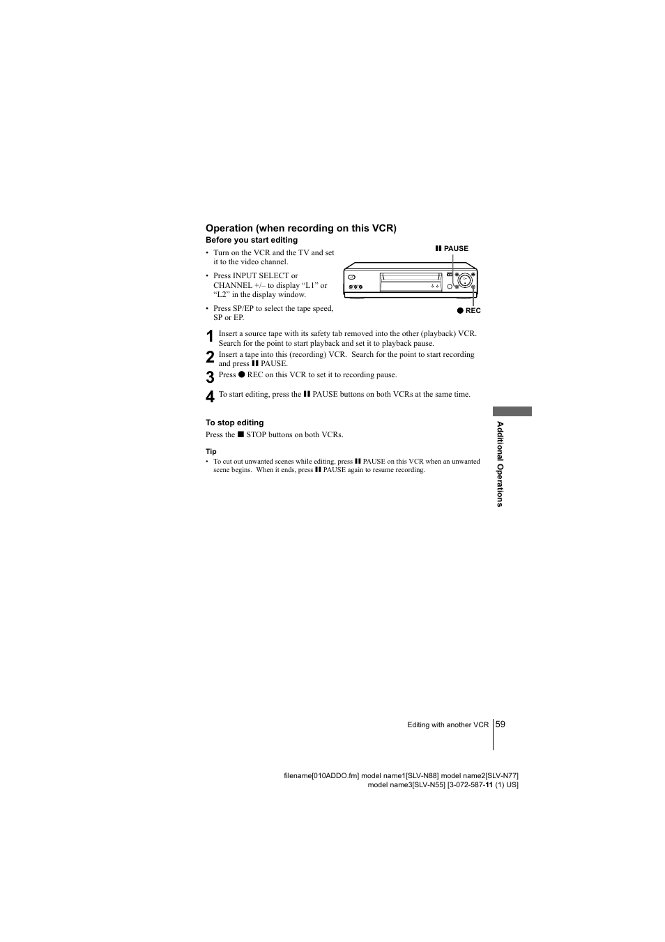 Operation (when recording on this vcr), Before you start editing, To stop editing | Sony SLV-N77 User Manual | Page 59 / 72