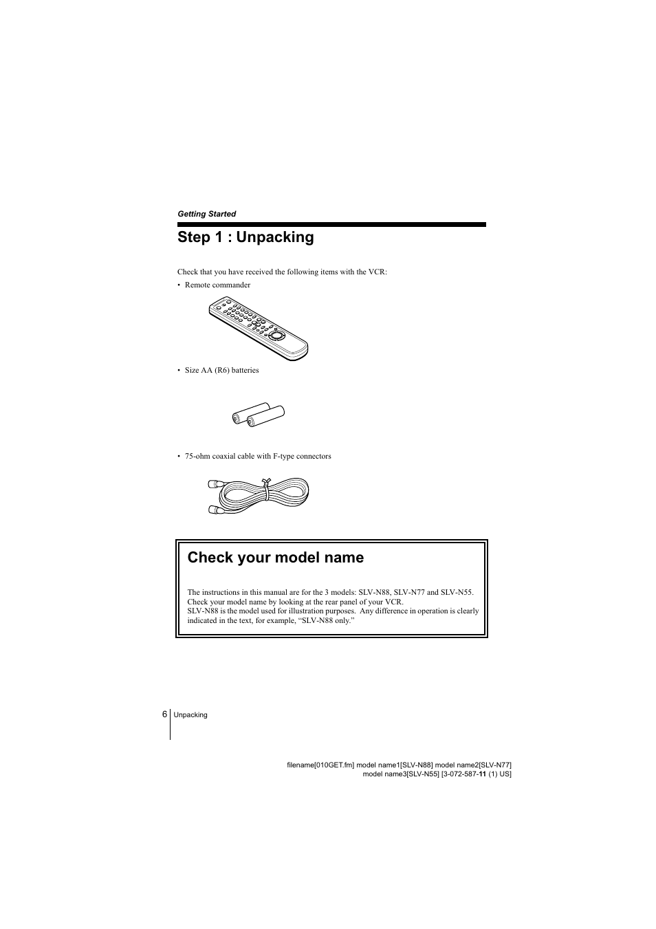Step 1 : unpacking, Check your model name, Getting started | Sony SLV-N77 User Manual | Page 6 / 72