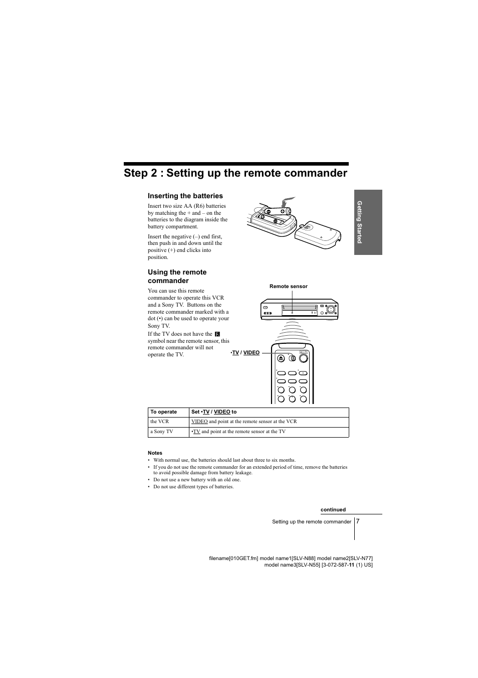 Step 2 : setting up the remote commander, Inserting the batteries, Using the remote commander | Continued | Sony SLV-N77 User Manual | Page 7 / 72