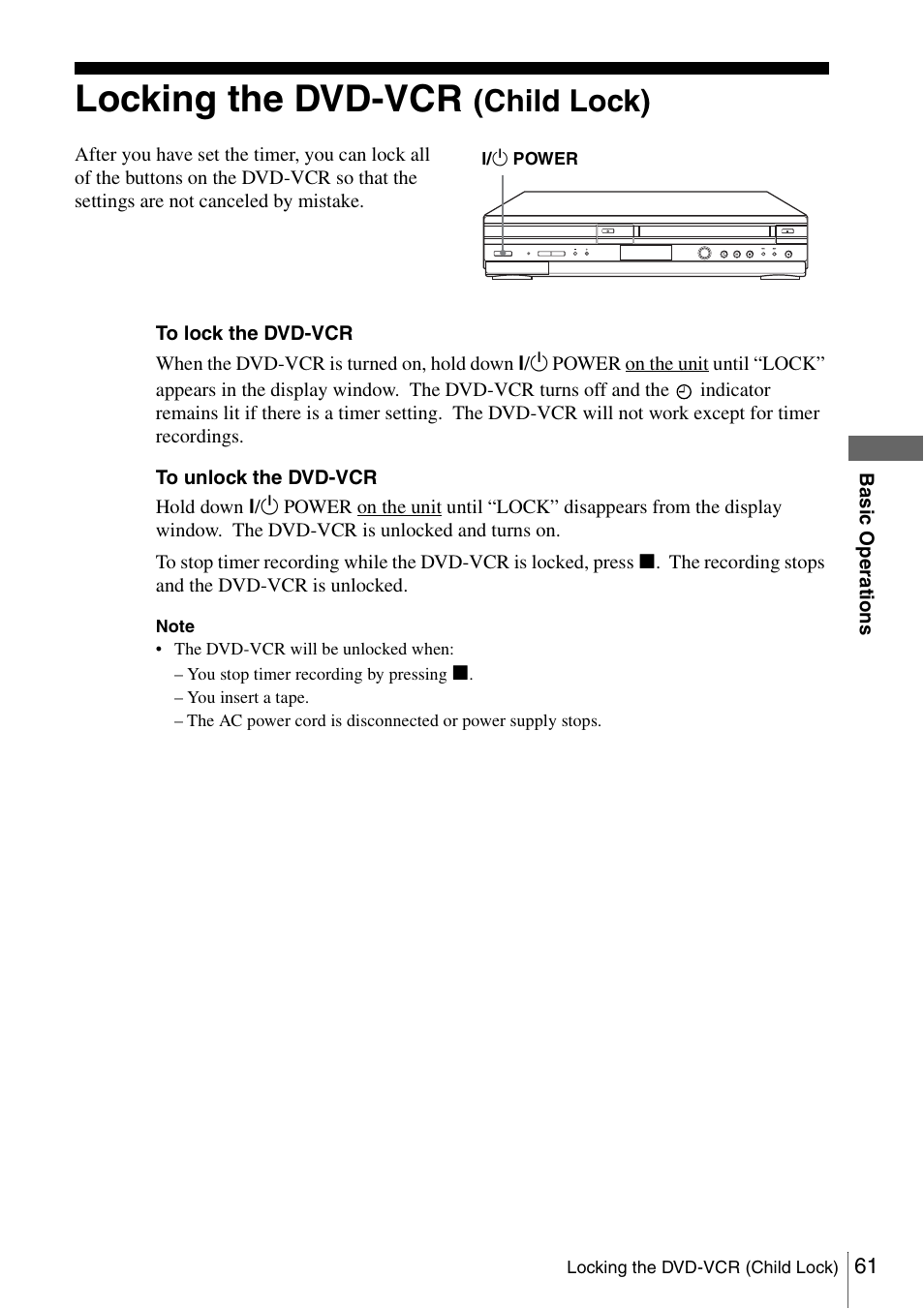 Locking the dvd-vcr (child lock), 61 l, Locking the dvd-vcr | Child lock) | Sony SLV-D560P User Manual | Page 61 / 128