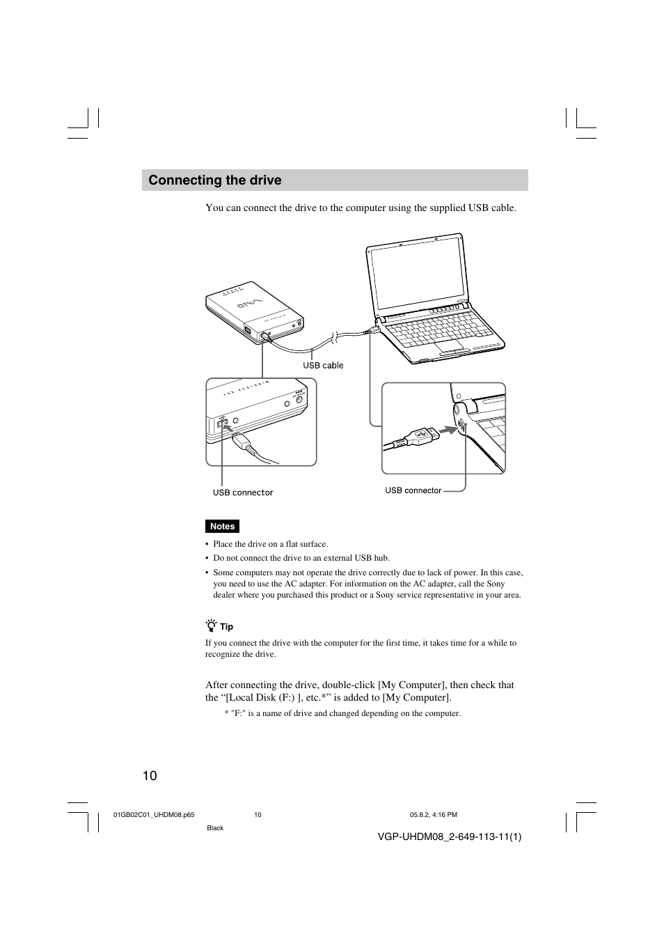 Connecting the drive | Sony VGP-UHDM08 User Manual | Page 10 / 27