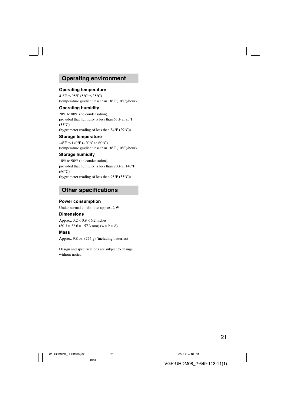 Operating environment, Other specifications | Sony VGP-UHDM08 User Manual | Page 21 / 27