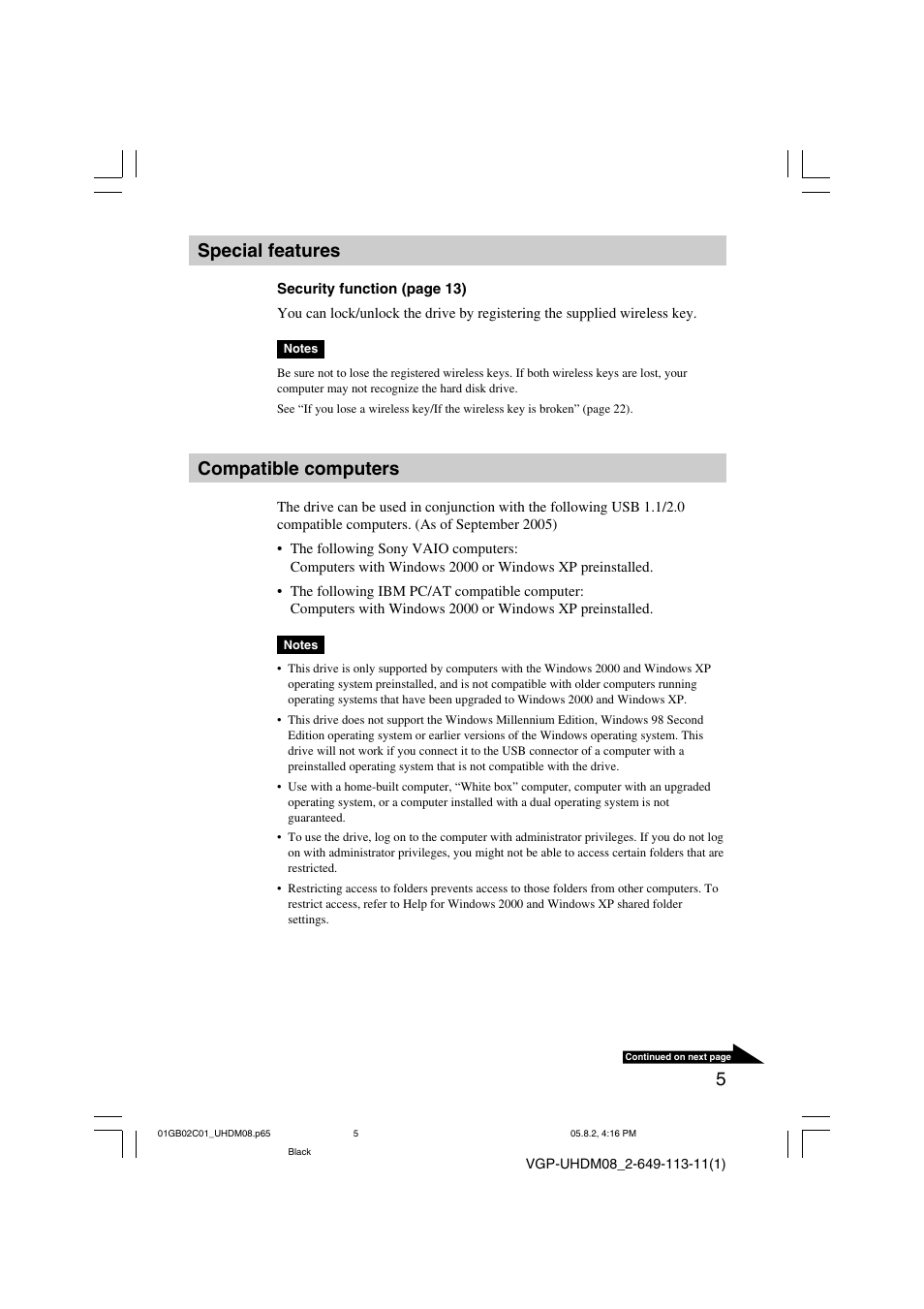 Special features, Compatible computers | Sony VGP-UHDM08 User Manual | Page 5 / 27