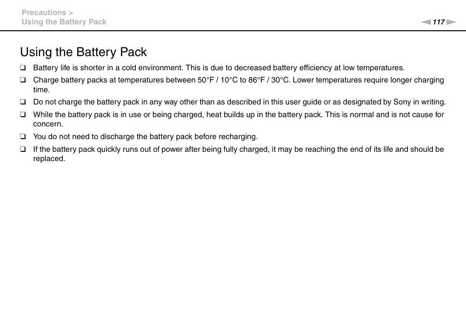 Using the battery pack | Sony VPCCB2SFX User Manual | Page 117 / 168