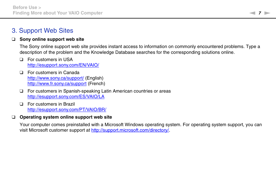 Support web sites | Sony VPCCB2SFX User Manual | Page 7 / 168