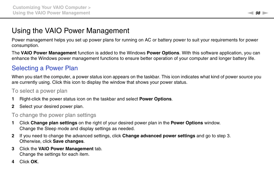 Using the vaio power management, Selecting a power plan | Sony VPCCB2SFX User Manual | Page 98 / 168