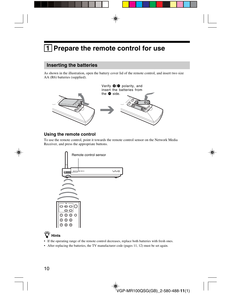 1 prepare the remote control for use | Sony VGP-MR100U User Manual | Page 10 / 143