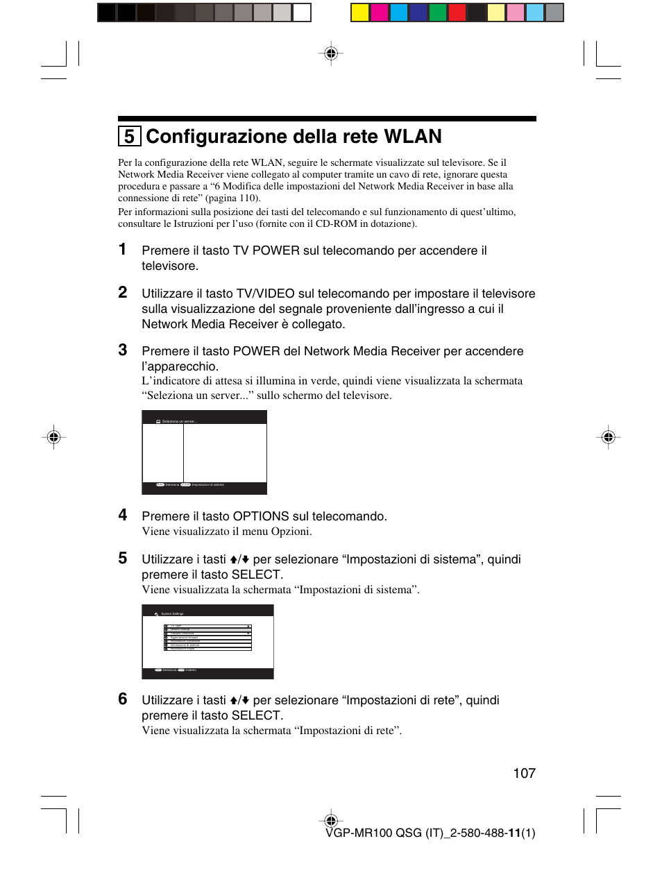 5 configurazione della rete wlan, Premere il tasto options sul telecomando | Sony VGP-MR100U User Manual | Page 107 / 143