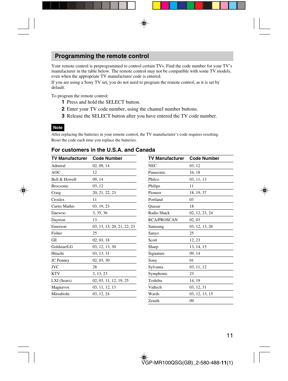 11 programming the remote control, For customers in the u.s.a. and canada | Sony VGP-MR100U User Manual | Page 11 / 143