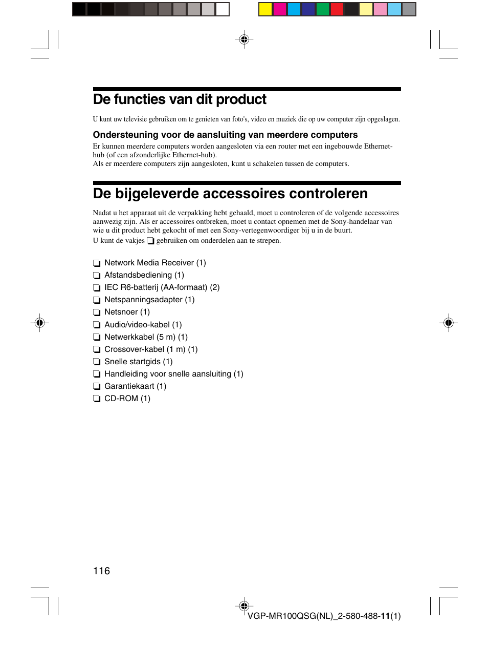 De functies van dit product, De bijgeleverde accessoires controleren | Sony VGP-MR100U User Manual | Page 116 / 143