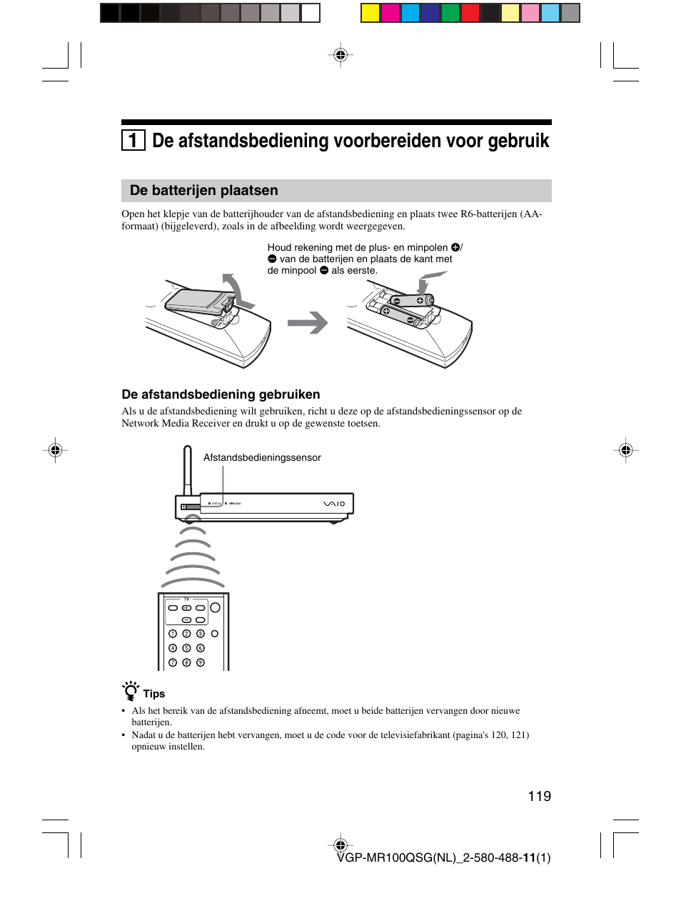 1 de afstandsbediening voorbereiden voor gebruik | Sony VGP-MR100U User Manual | Page 119 / 143