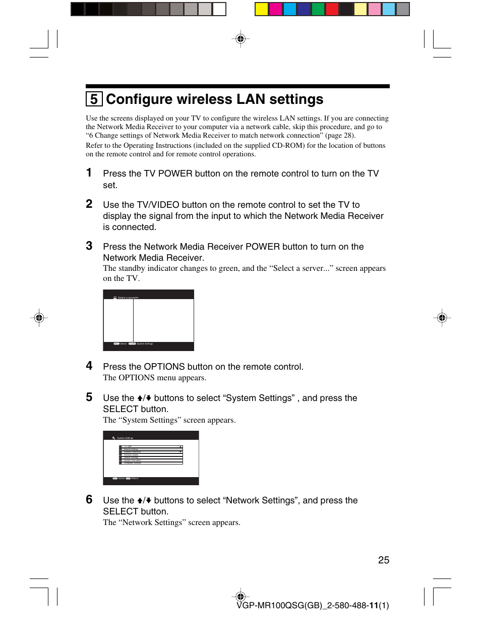 5 configure wireless lan settings, Press the options button on the remote control | Sony VGP-MR100U User Manual | Page 25 / 143