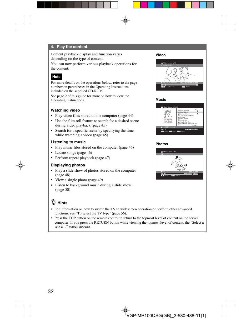 Hints, Video, Music | Photos | Sony VGP-MR100U User Manual | Page 32 / 143