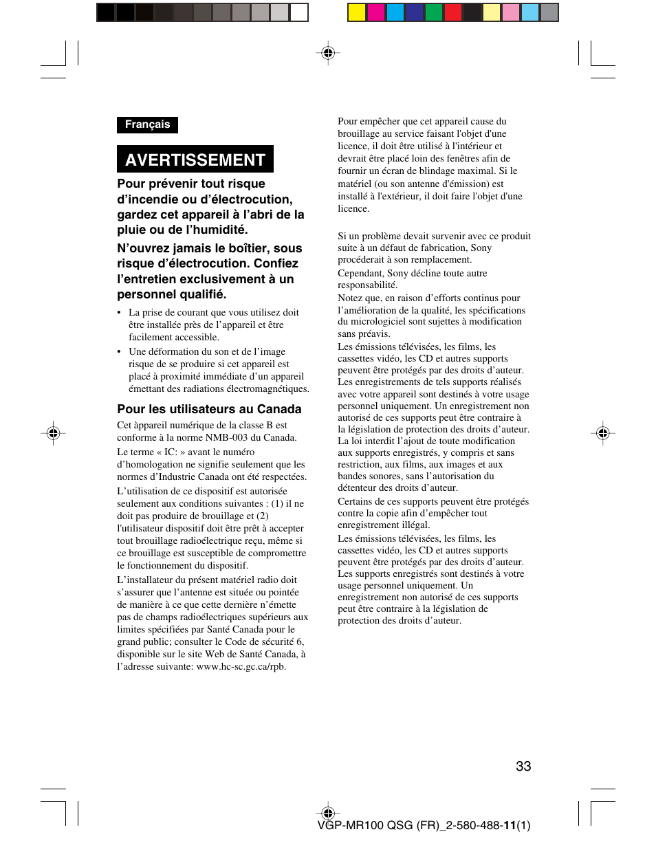 Avertissement | Sony VGP-MR100U User Manual | Page 33 / 143