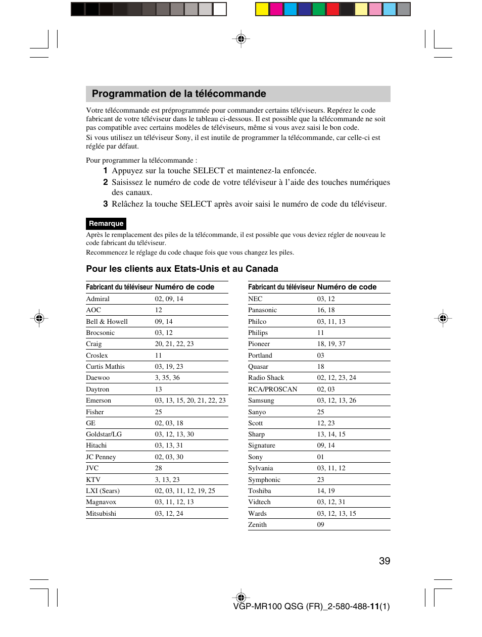 Programmation de la télécommande, Pour les clients aux etats-unis et au canada | Sony VGP-MR100U User Manual | Page 39 / 143