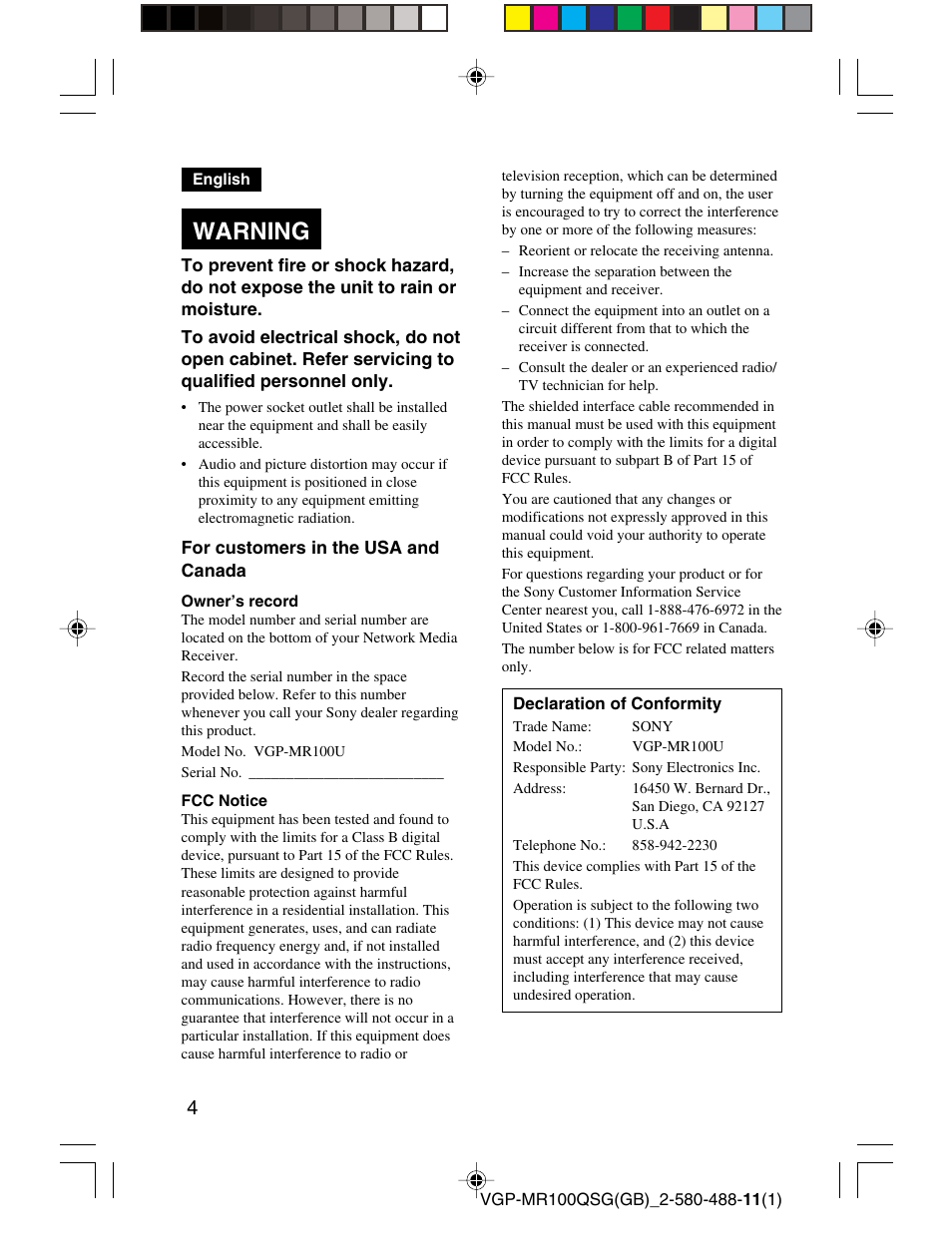 Warning | Sony VGP-MR100U User Manual | Page 4 / 143