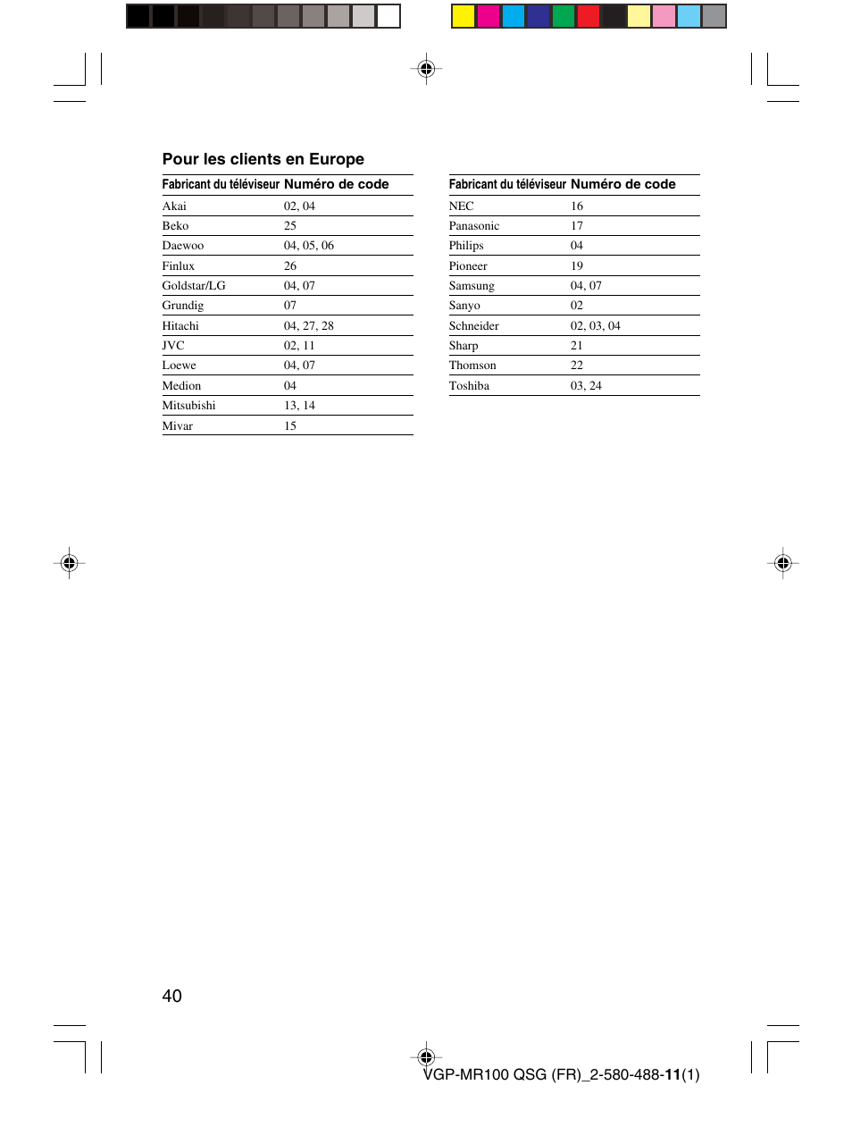Pour les clients en europe | Sony VGP-MR100U User Manual | Page 40 / 143