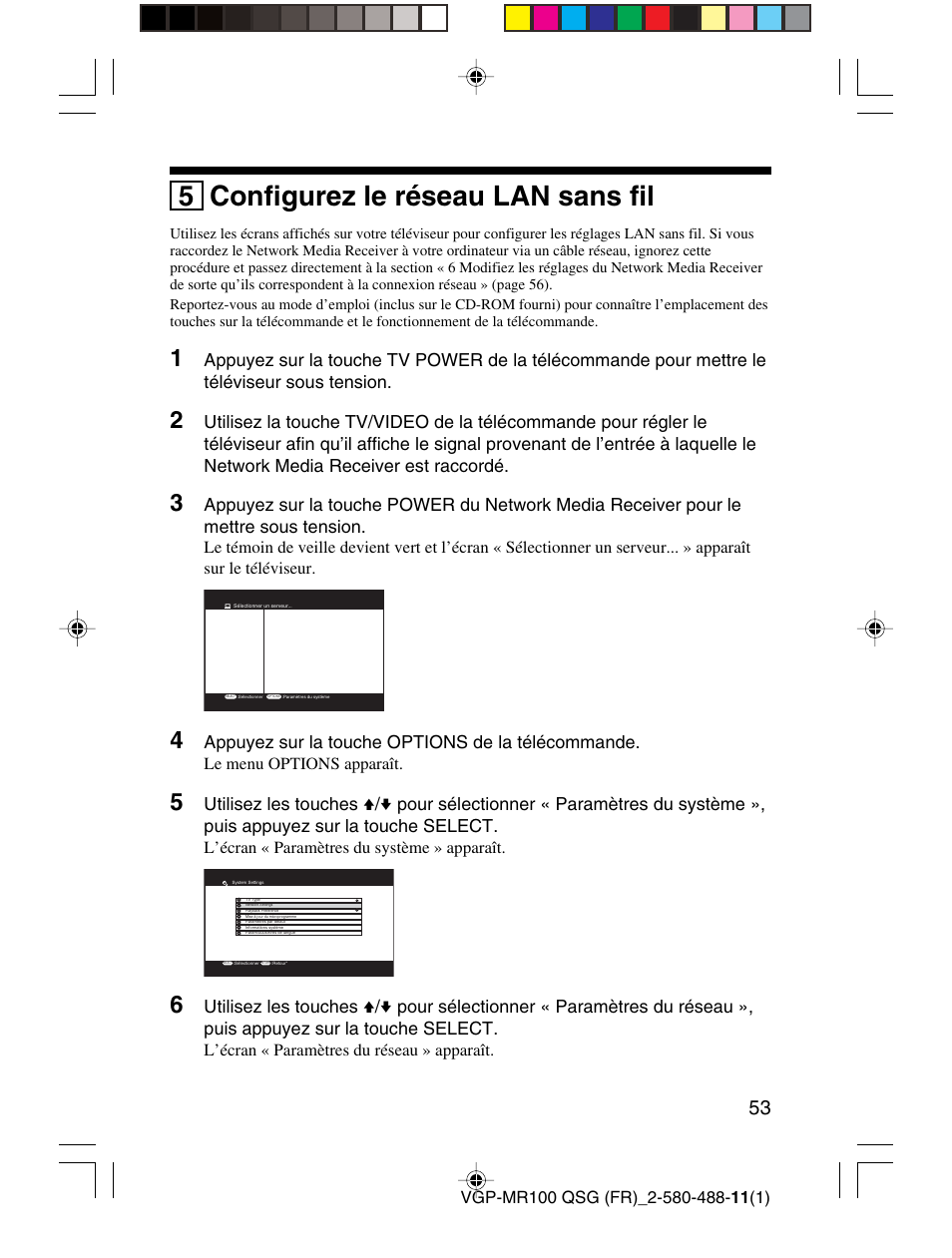 5 configurez le réseau lan sans fil, Appuyez sur la touche options de la télécommande | Sony VGP-MR100U User Manual | Page 53 / 143