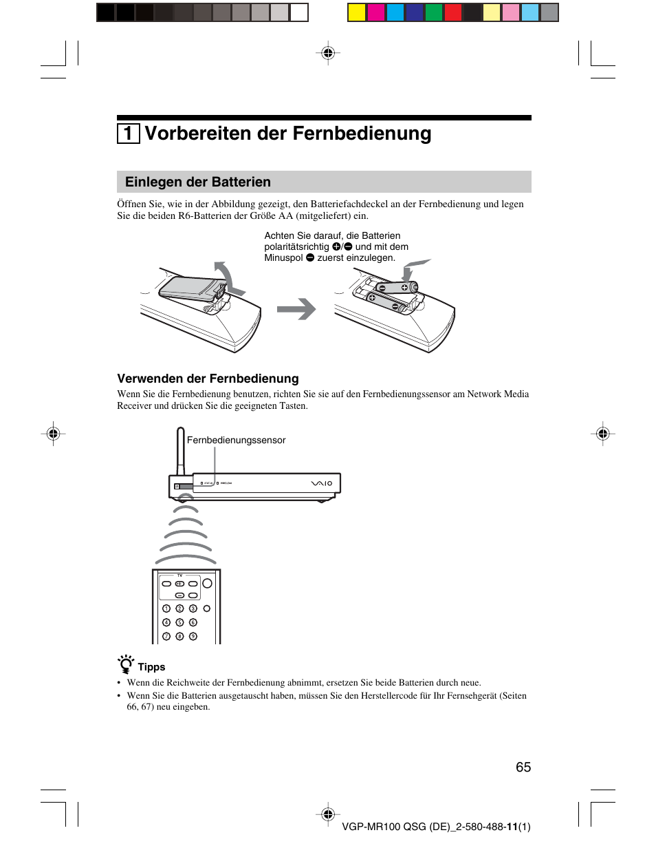 1 vorbereiten der fernbedienung | Sony VGP-MR100U User Manual | Page 65 / 143