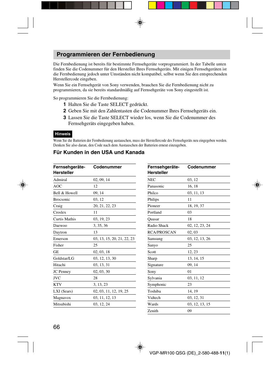 Programmieren der fernbedienung, Für kunden in den usa und kanada | Sony VGP-MR100U User Manual | Page 66 / 143