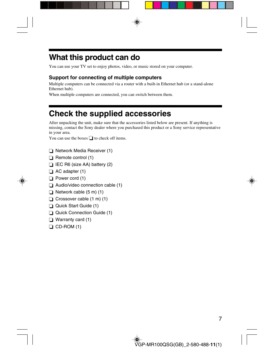 What this product can do, Check the supplied accessories | Sony VGP-MR100U User Manual | Page 7 / 143