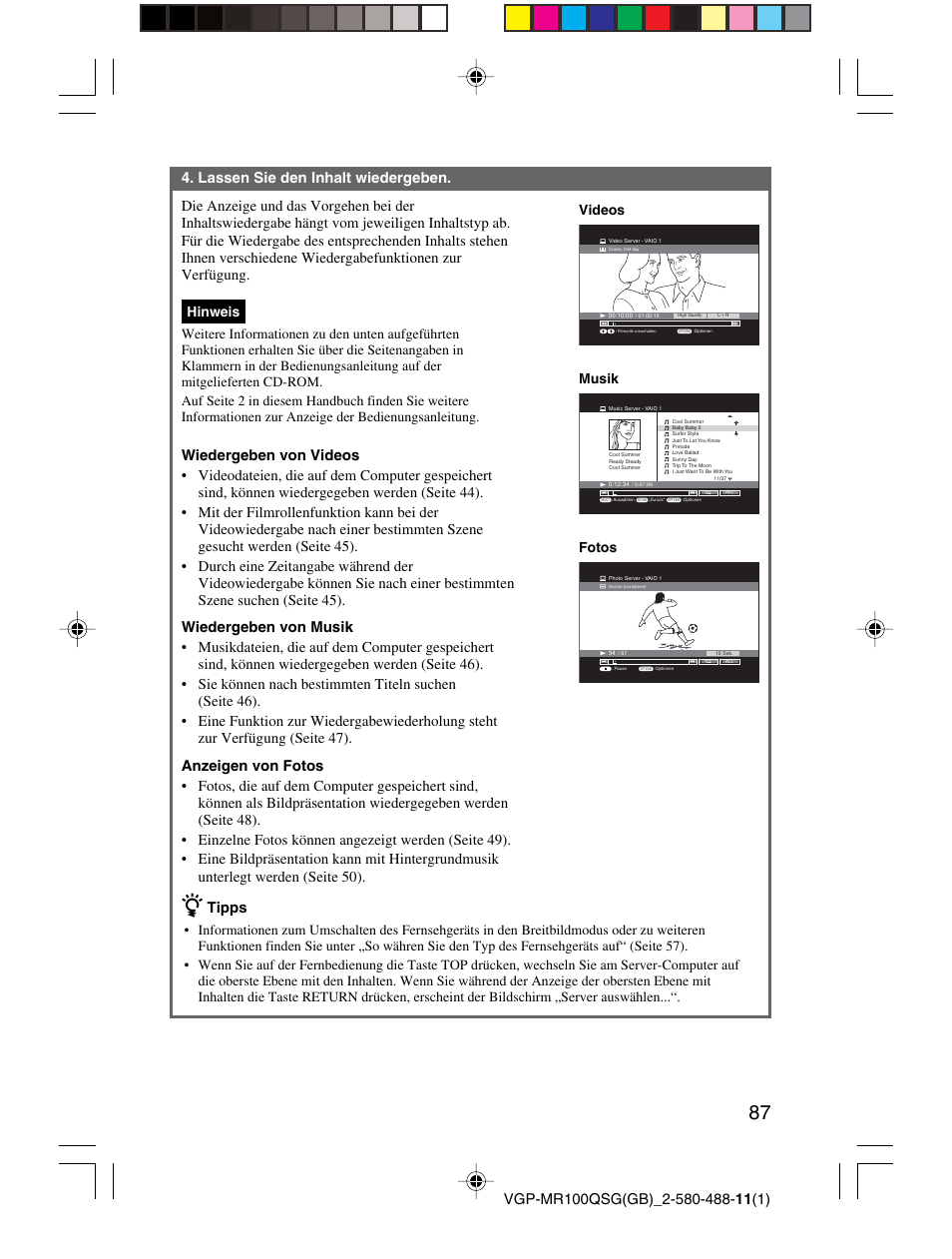Tipps, Videos, Musik | Fotos | Sony VGP-MR100U User Manual | Page 87 / 143