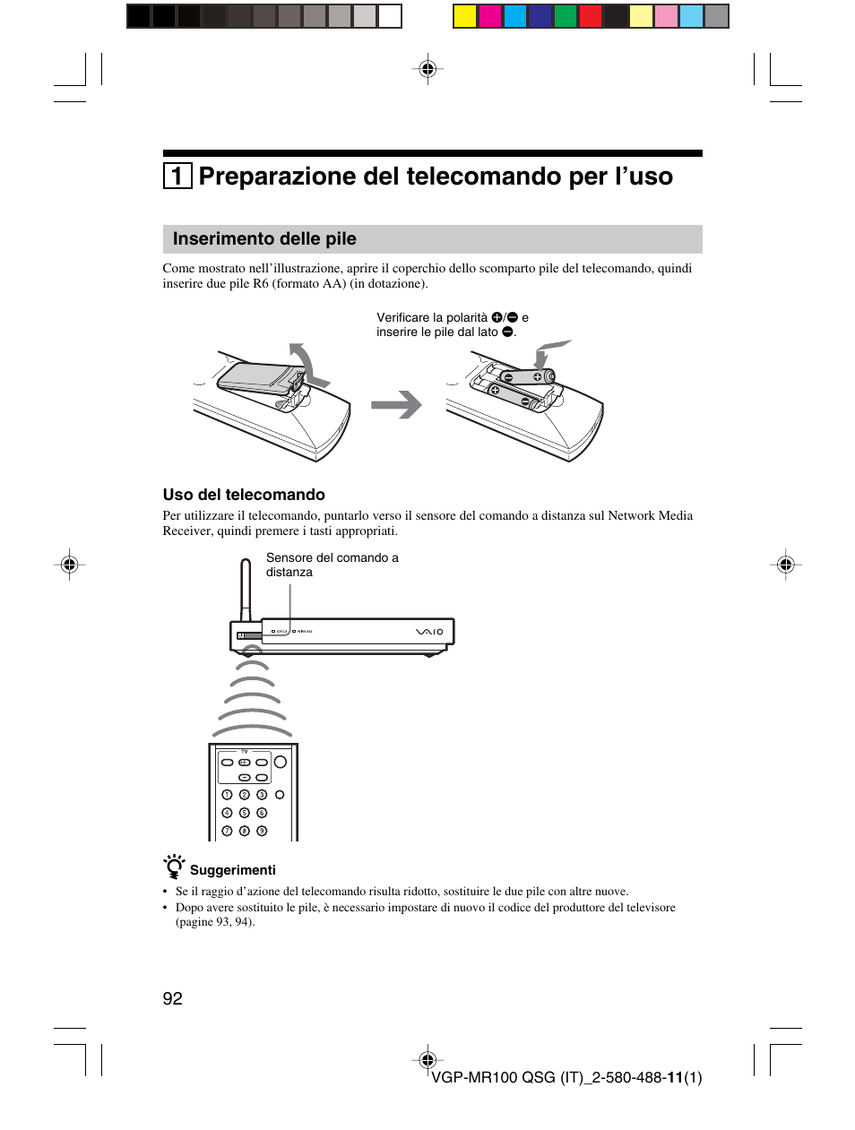 1 preparazione del telecomando per l’uso | Sony VGP-MR100U User Manual | Page 92 / 143