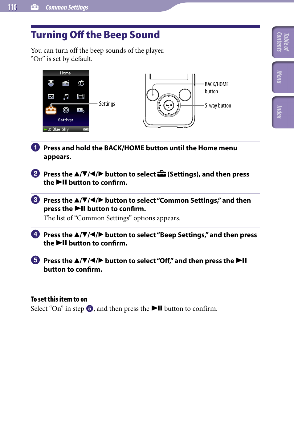 Turning off the beep sound, Beep settings | Sony NWZ-S738FBNC User Manual | Page 110 / 166