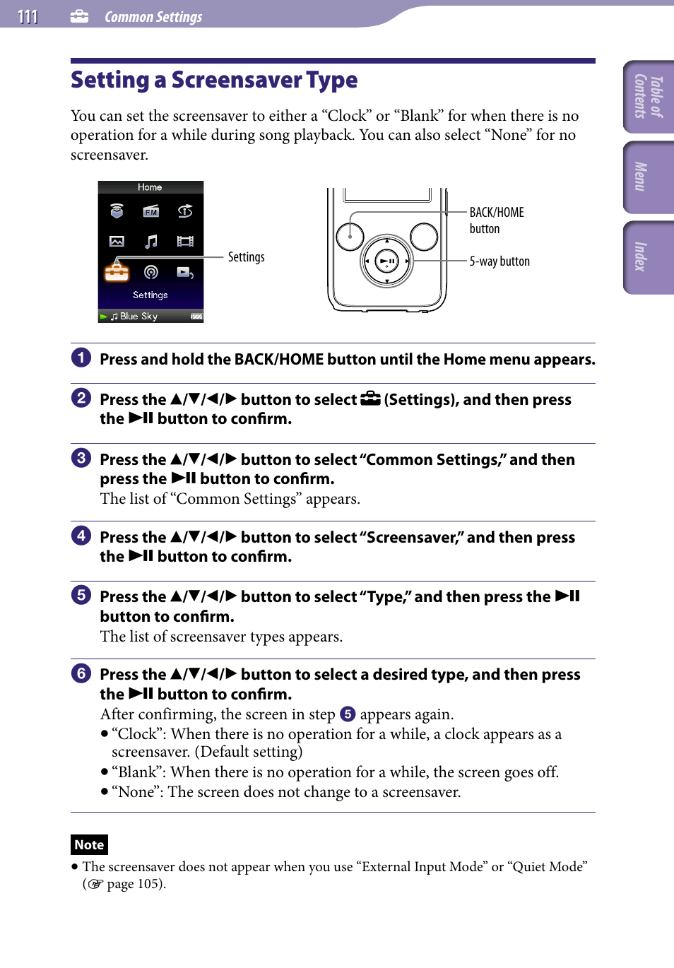 Setting a screensaver type, Screensaver | Sony NWZ-S738FBNC User Manual | Page 111 / 166