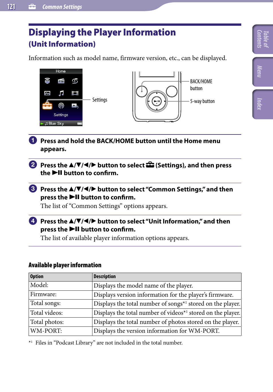 Displaying the player information, Unit information), Unit information | Sony NWZ-S738FBNC User Manual | Page 121 / 166