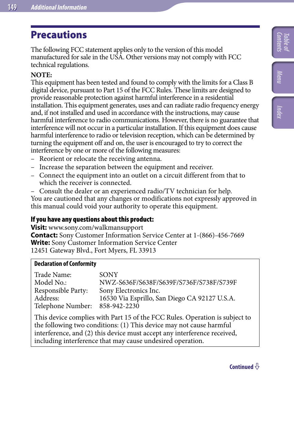 Additional information, Precautions | Sony NWZ-S738FBNC User Manual | Page 149 / 166