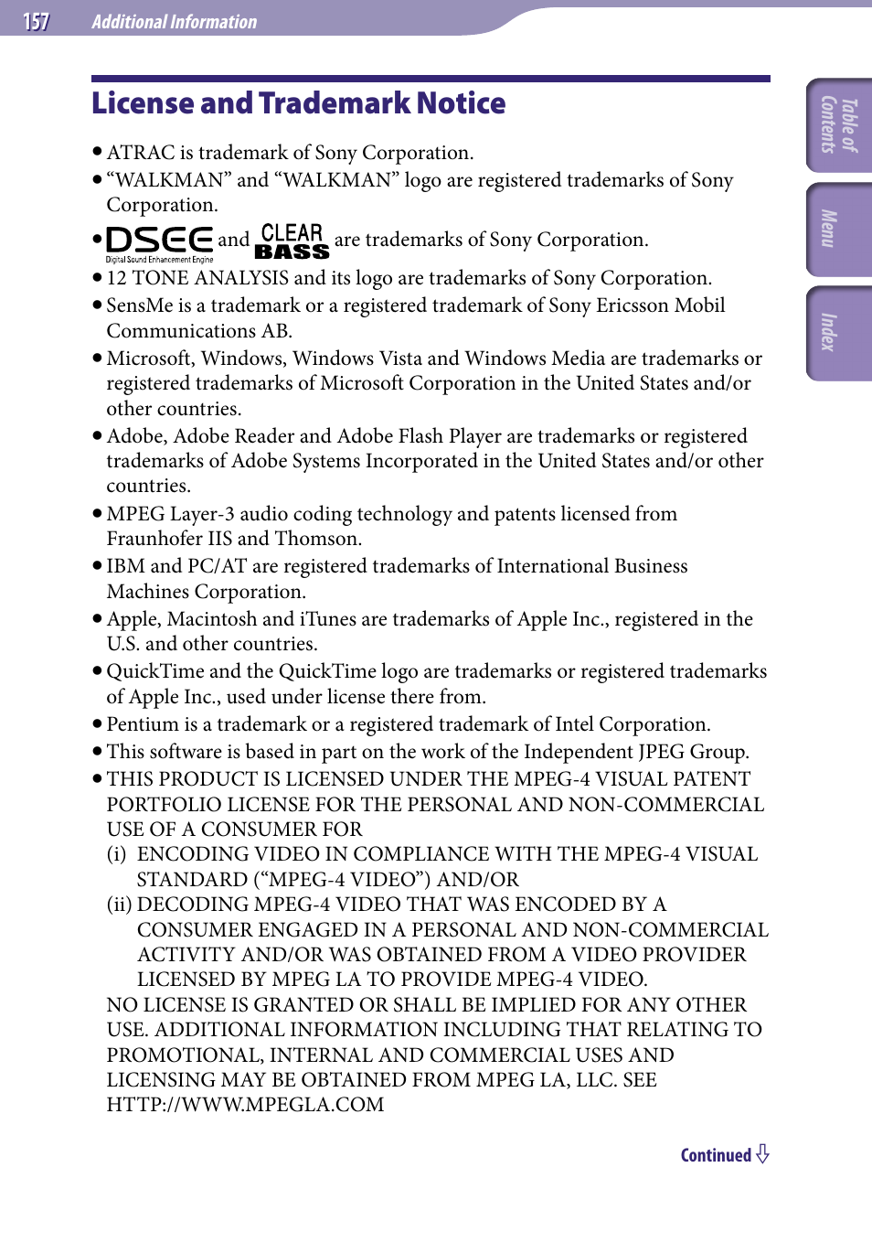 License and trademark notice | Sony NWZ-S738FBNC User Manual | Page 157 / 166