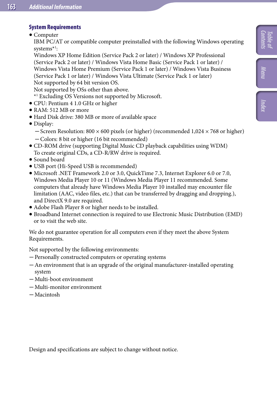 Table of cont ents menu inde x | Sony NWZ-S738FBNC User Manual | Page 163 / 166