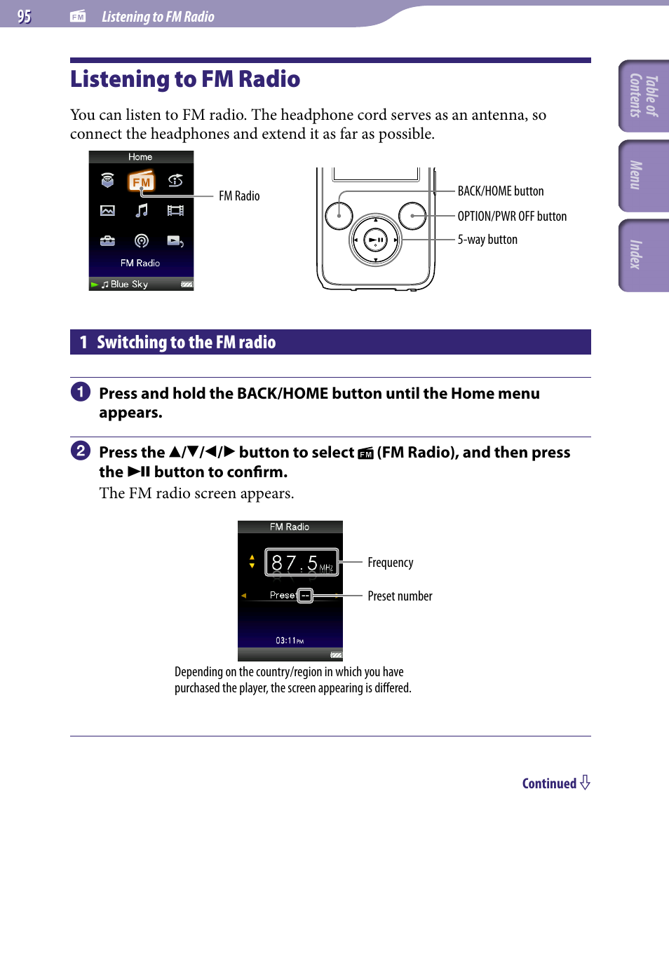 Listening to fm radio, 1 switching to the fm radio, Fm radio | Sony NWZ-S738FBNC User Manual | Page 95 / 166