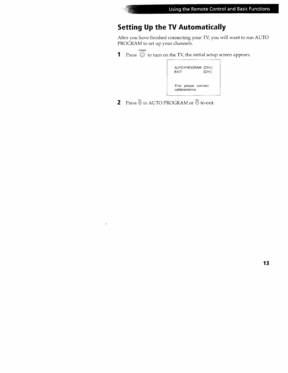 Setting up the tv automatically, Using the remote control and basic functions | Sony KV-24FV10 User Manual | Page 17 / 41