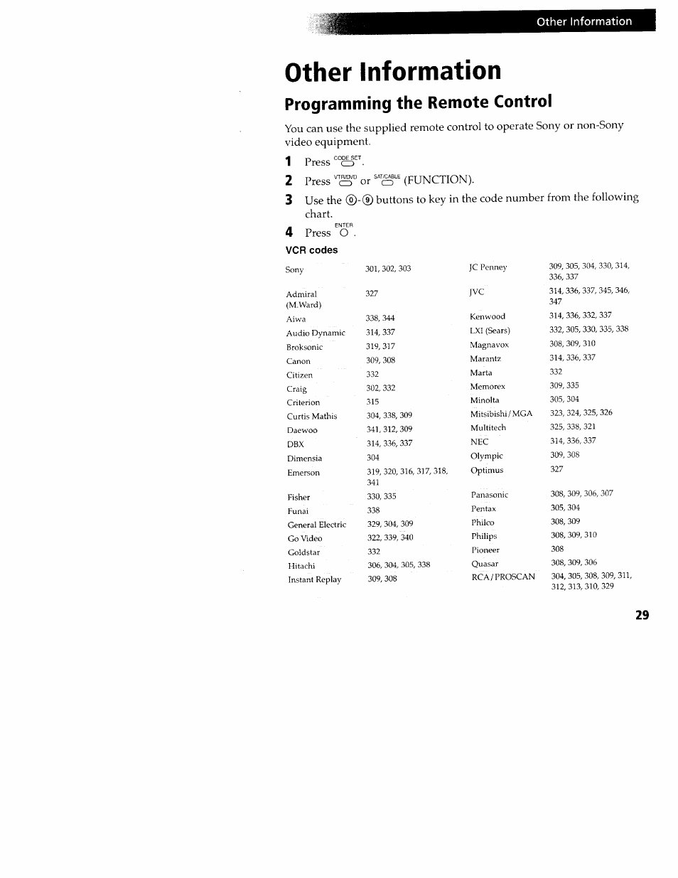 Other information, Programming the remote control, Press | Press cd or cd (funciion), Press o | Sony KV-24FV10 User Manual | Page 33 / 41