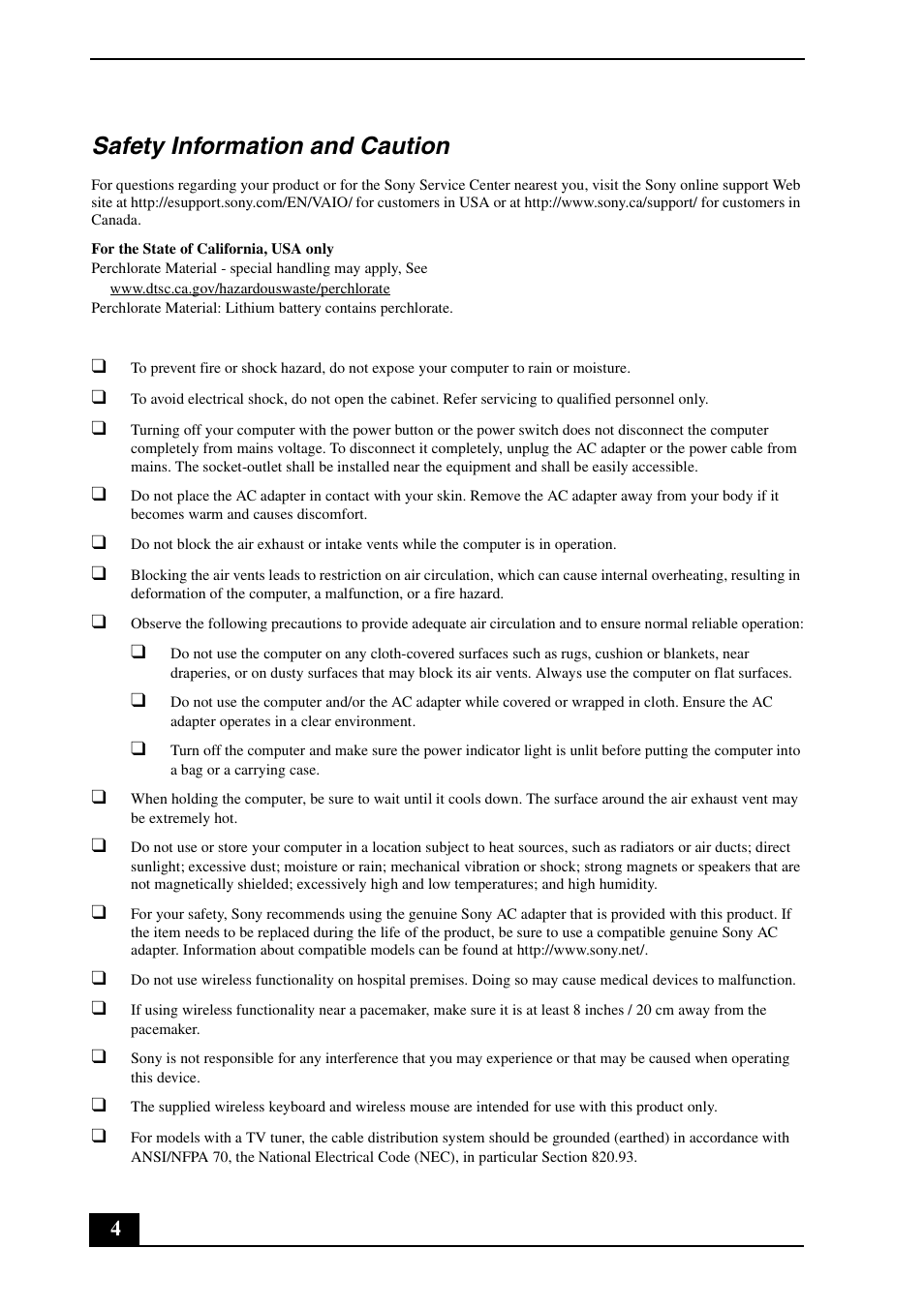 Safety information and caution | Sony VPCL223FX User Manual | Page 4 / 32