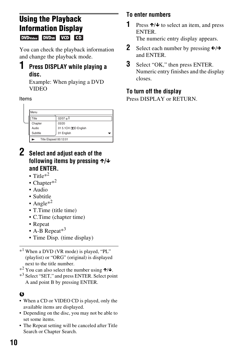 Using the playback information display | Sony DVP-FX780 User Manual | Page 10 / 24