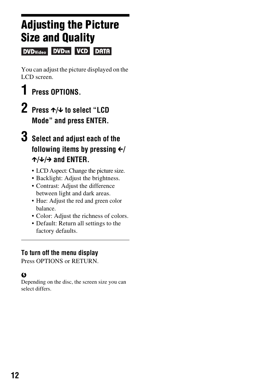 Adjusting the picture size and quality | Sony DVP-FX780 User Manual | Page 12 / 24