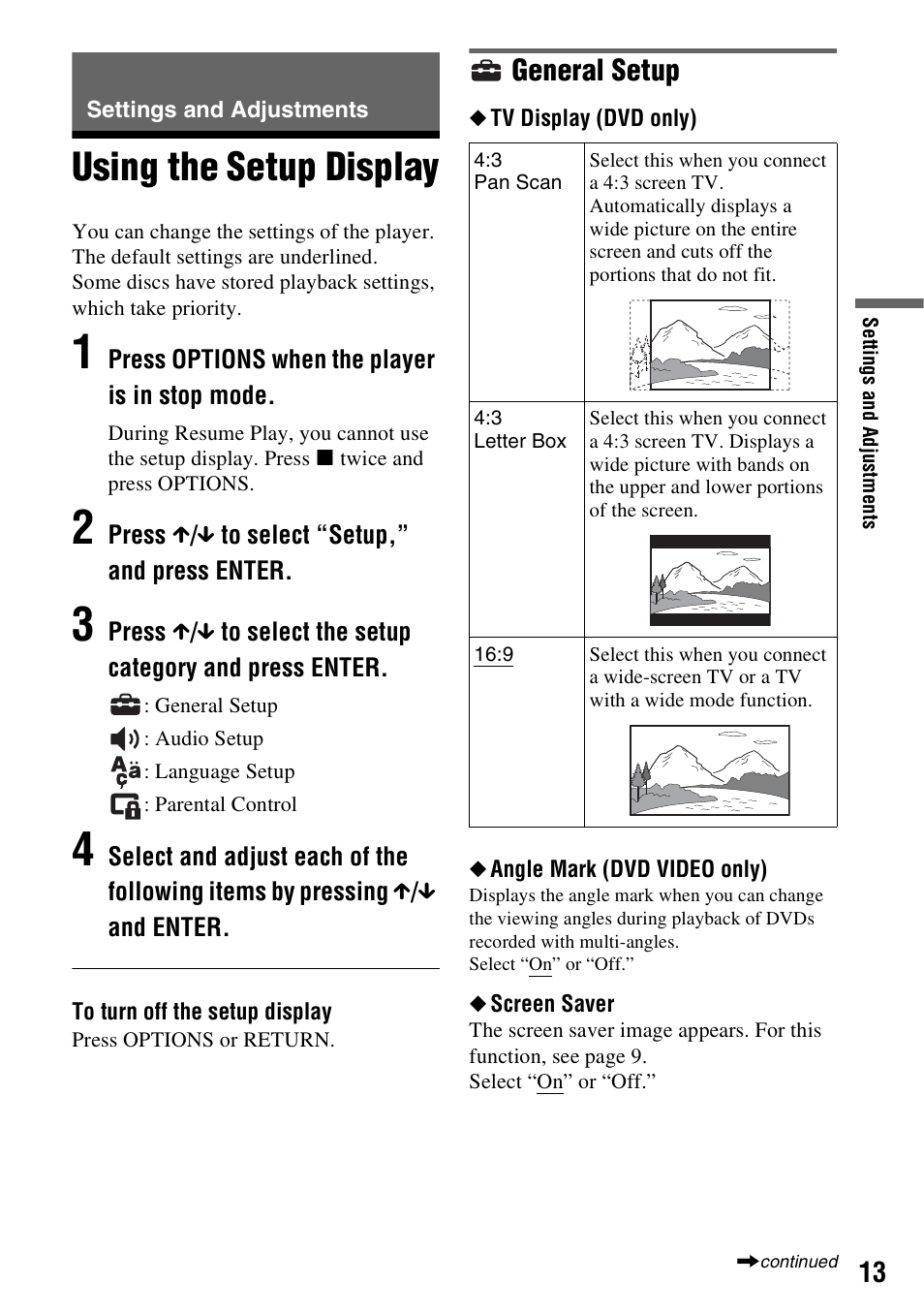 Settings and adjustments, Using the setup display, General setup | Sony DVP-FX780 User Manual | Page 13 / 24