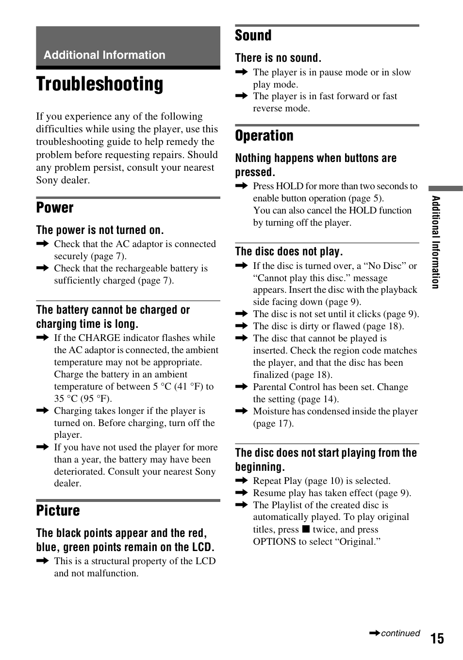 Additional information, Troubleshooting, Power | Picture, Sound, Operation | Sony DVP-FX780 User Manual | Page 15 / 24