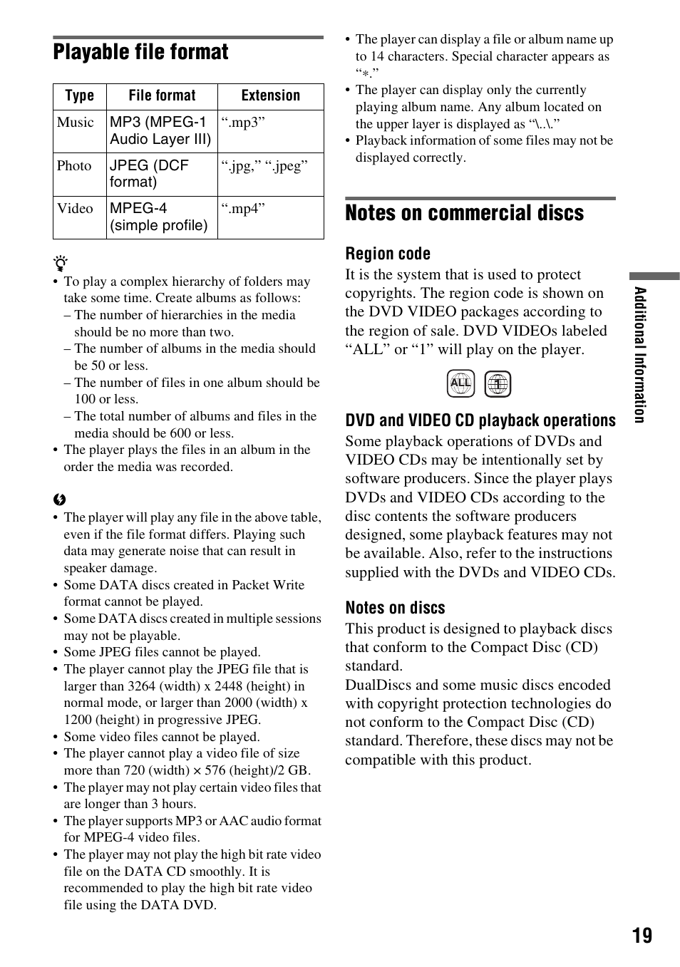 Playable file format | Sony DVP-FX780 User Manual | Page 19 / 24