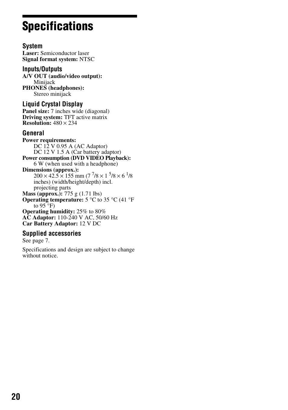 Specifications | Sony DVP-FX780 User Manual | Page 20 / 24