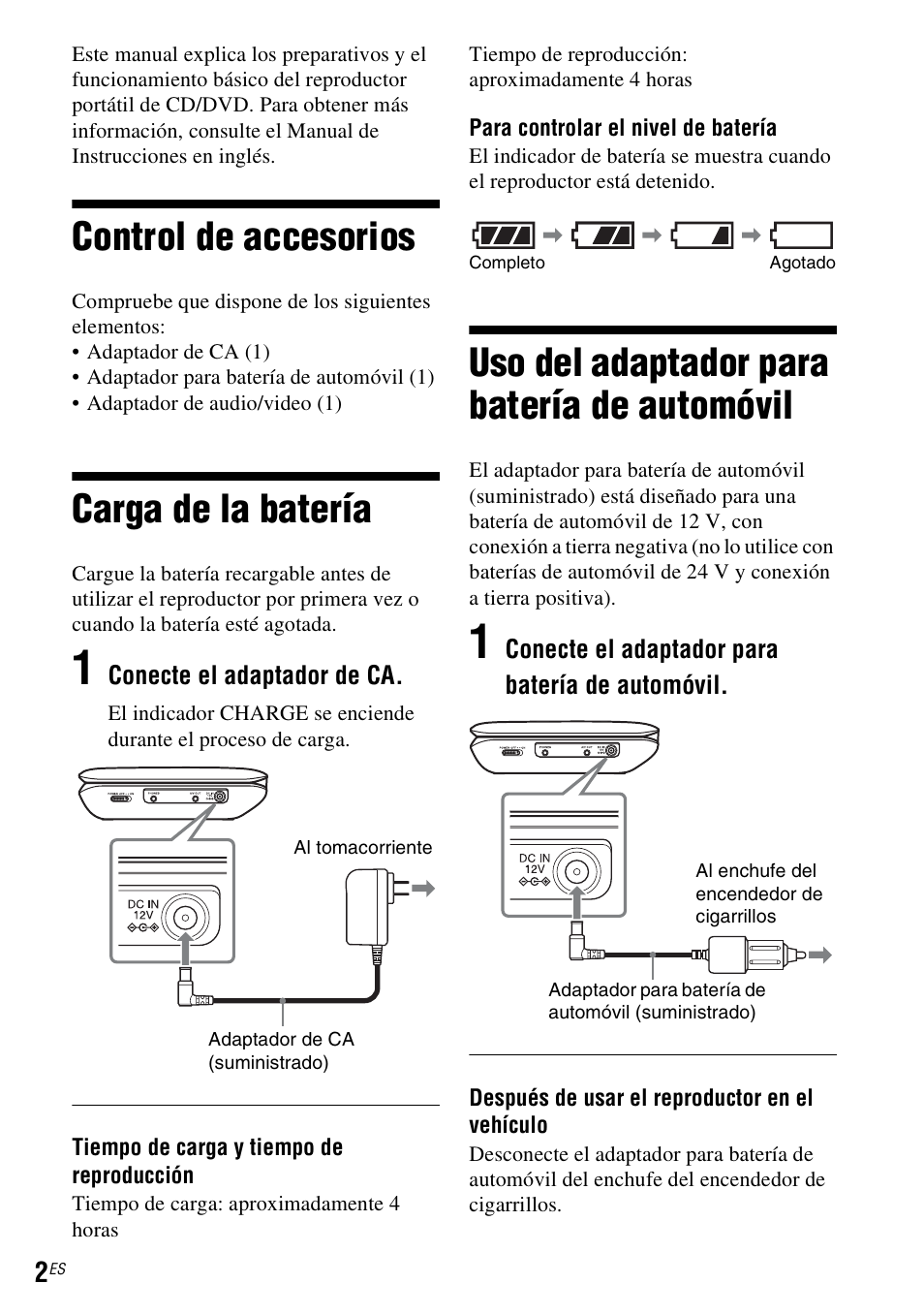 Control de accesorios, Carga de la batería, Uso del adaptador para batería de automóvil | Sony DVP-FX780 User Manual | Page 22 / 24