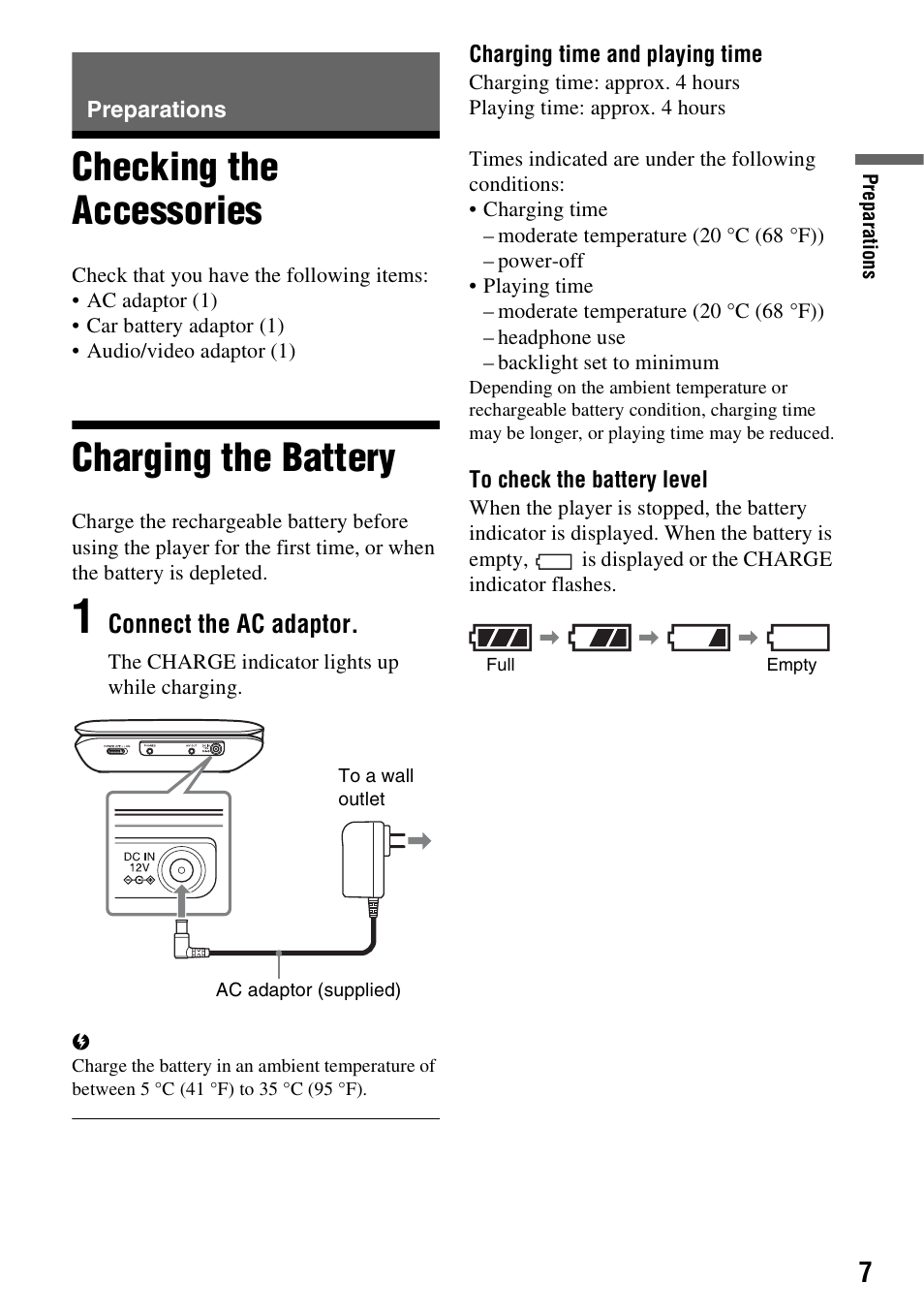 Preparations, Checking the accessories, Charging the battery | Checking the accessories charging the battery | Sony DVP-FX780 User Manual | Page 7 / 24