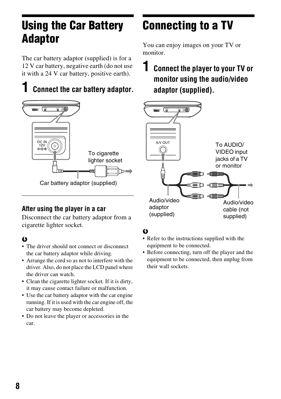 Using the car battery adaptor, Connecting to a tv, Using the car battery adaptor connecting to a tv | Sony DVP-FX780 User Manual | Page 8 / 24