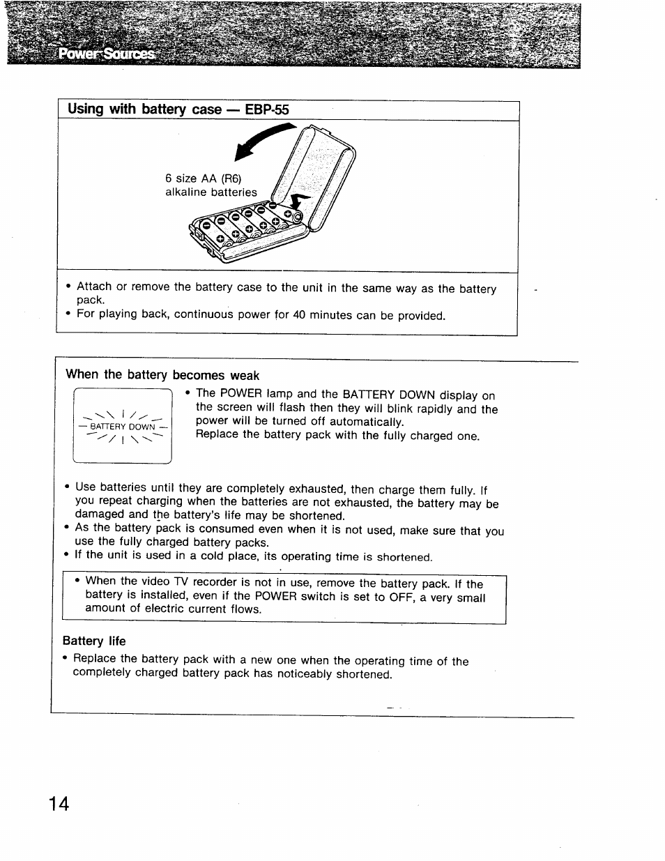 Using with battery case — ebp-55 | Sony GV-8 User Manual | Page 14 / 60
