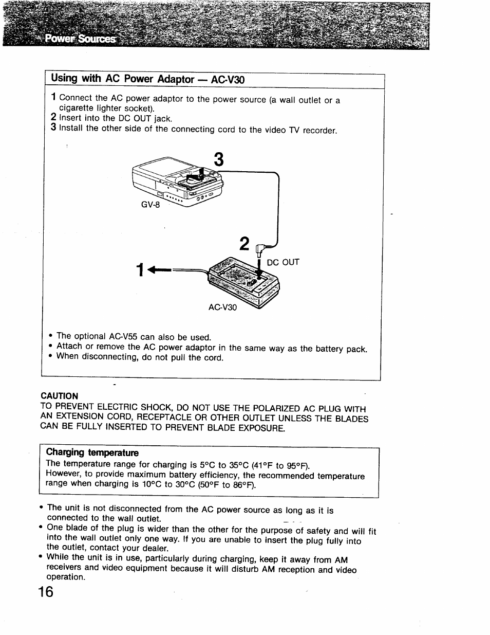 Using with ac power adaptor — ac-v30, Charging temperature | Sony GV-8 User Manual | Page 16 / 60